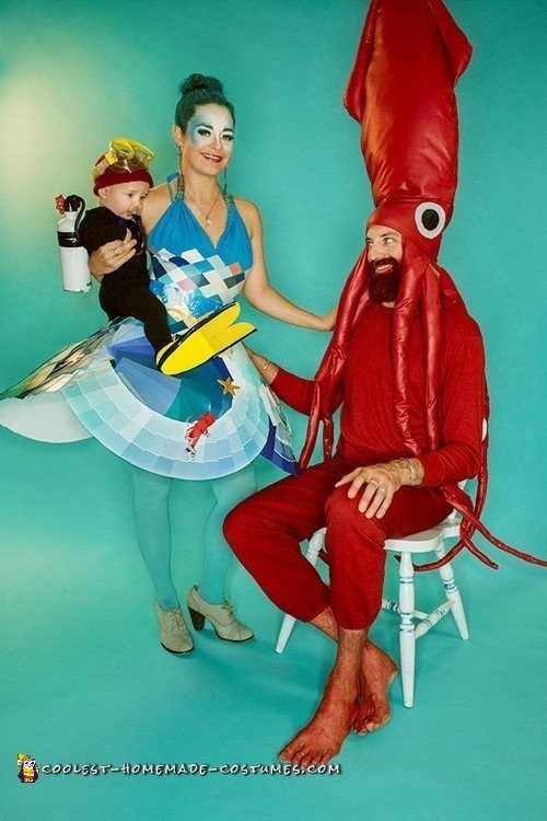 Life Aquatic Family con Jacques Cousteau Scuba Baby, Ocean Mom y Giant Squid Dad