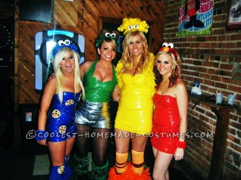 Hola, soy Megan y estos son mis amigos y mis disfraces de Barrio Sésamo 2012.  Soy Cookie Monster, Emily es Oscar, Shelby es Big Bird y Britney es Elm.