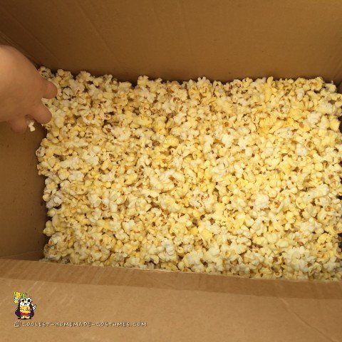 Una caja llena de palomitas de maíz para un disfraz de palomitas de maíz