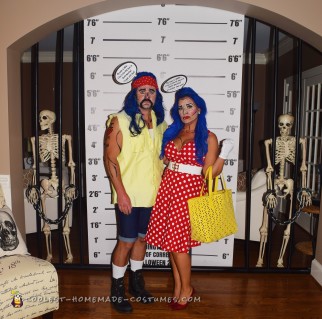 Divertido disfraz de esposa de stepford y campesino sureño en estilo pop art