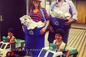 Gran idea de disfraz de hogar familiar: botes de basura y familia de camiones de basura.