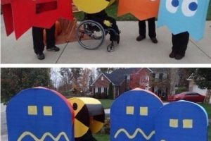 Disfraces de Halloween de Pac-Man y la familia de fantasmas en silla de ruedas