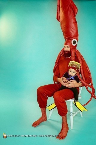 Life Aquatic Family con Jacques Cousteau Scuba Baby, Ocean Mom y Giant Squid Dad