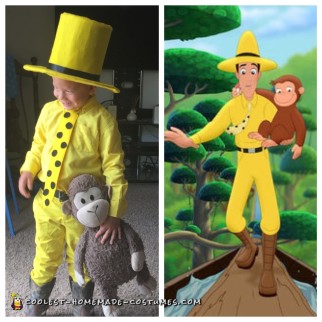 Hombre disfrazado de niño con sombrero amarillo