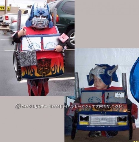 Mi hijo quería ser Optimus Prime.  ¡¿¡No todo!?!  De todos modos... Empezamos por encontrar la carrocería de un camión Powerwheels y repararla.  Cortamos la nariz (f